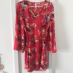 Coral Floral Belted Notch Neck Tunic Dress
